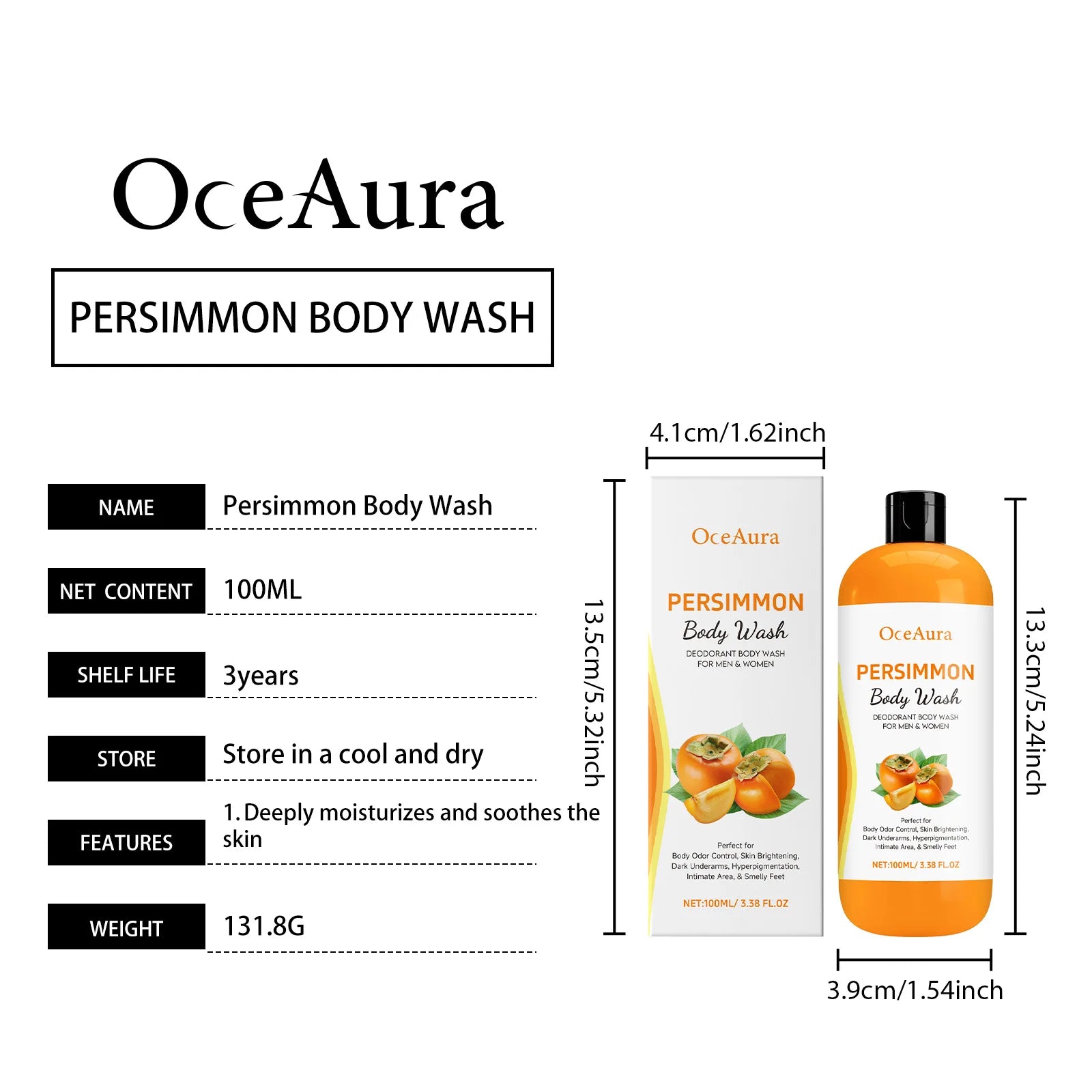Persimmon Body Wash Gel Gentle Cleansing Moisturizing Skin Exfoliating Shower Gel Smooth Soft Body Odor Remover Bath Products