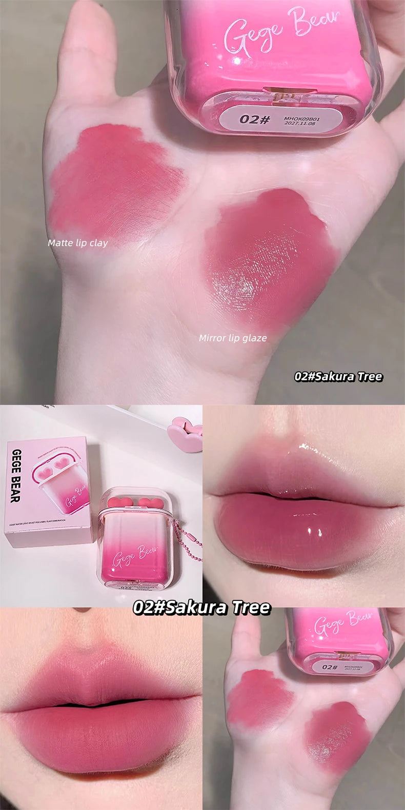 GEGE BEAR Heart-beating Water Gloss Velvet Matte Lip Glaze Combination Two-pack Mirror Matte Headphone Shaped Pendant Lip Glaze