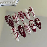 24pcs Wearable Press on Nails Strawberry Bow Design Nails Tips Red Short Almond Pearl Starlight Fake Nail Art Flower False Nails