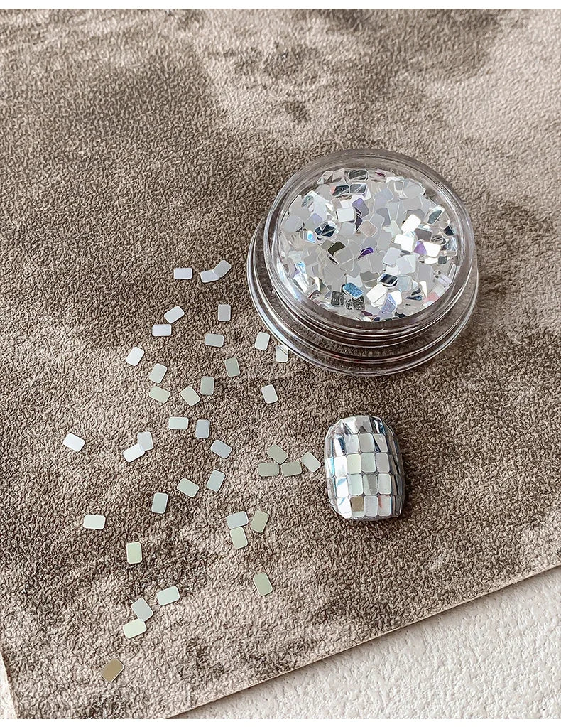 Square silver glitter nail accessories boxed, simple and sparkling, light luxury style , nail decorations