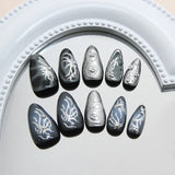 24Pcs Dark Press on Fake Nails with Black Glitter 3D Metallic Designs Sweet Cool Almond False Nails Detachable Nails Spice Girls