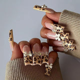 24Pcs Long Square Press on Nails Leopard Print French 3D Cherry Design False Nail Rhinestone Wearable Full Cover Fake Nails Tips