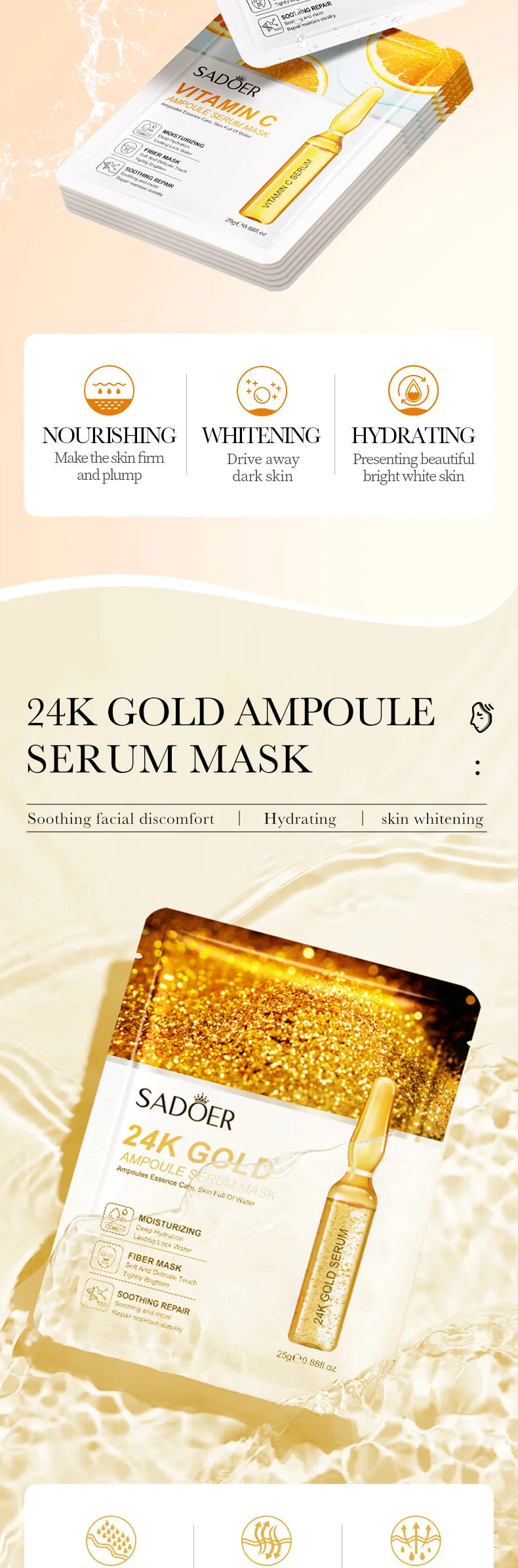 15pcs SADOER 24K Gold Vitamin C Hyaluronic Acid Facial Masks for Face Moisturizing Firming Hydrating Face Mask Facial Skin Care