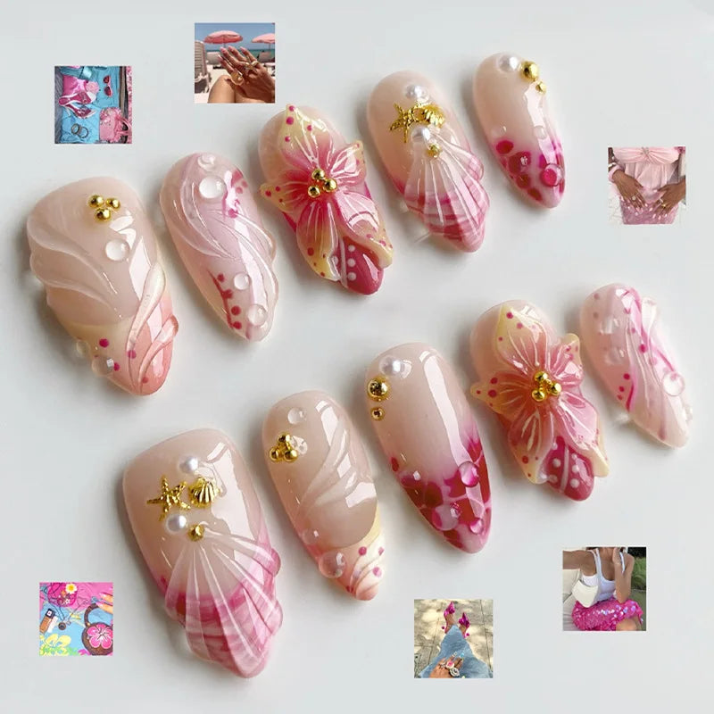 24pcs Wearable Press on Nails Strawberry Bow Design Nails Tips Red Short Almond Pearl Starlight Fake Nail Art Flower False Nails