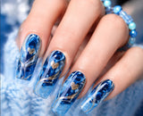 24 Pack Blue Gradient Press on Nails - Gold Curve Line Medium Square Acrylic Fake Nails - Glossy Love Heart False Nails for Women