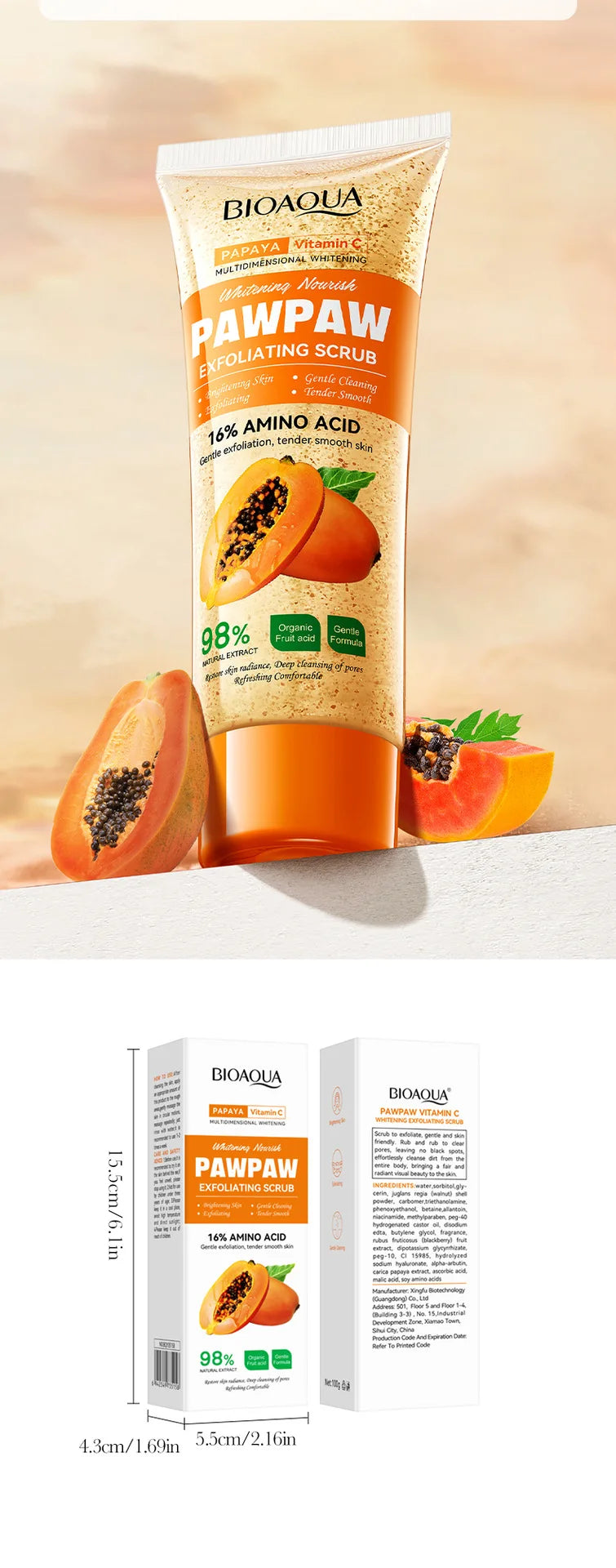 100g Papaya Vitamin C Exfoliating Scrub Cream, Hypoallergenic, Moisturizing, Exfoliation, Scented with Papaya, Deep Cleansing
