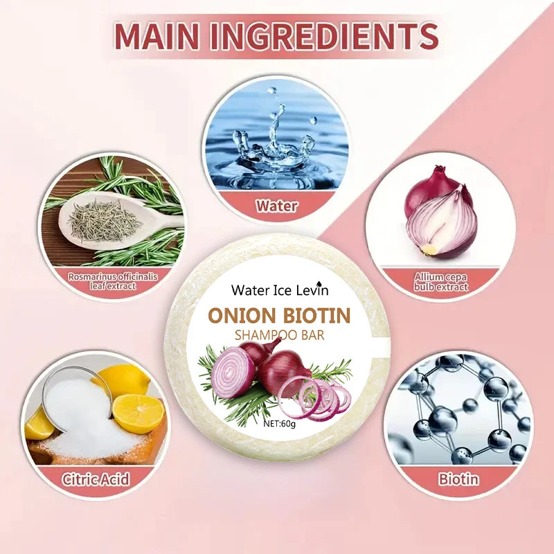 Onion & Biotin Shampoo Bar - 60g, Suitable for All Hair Types, Moisturizing and Smoothing, Rich in Rosemary Extract