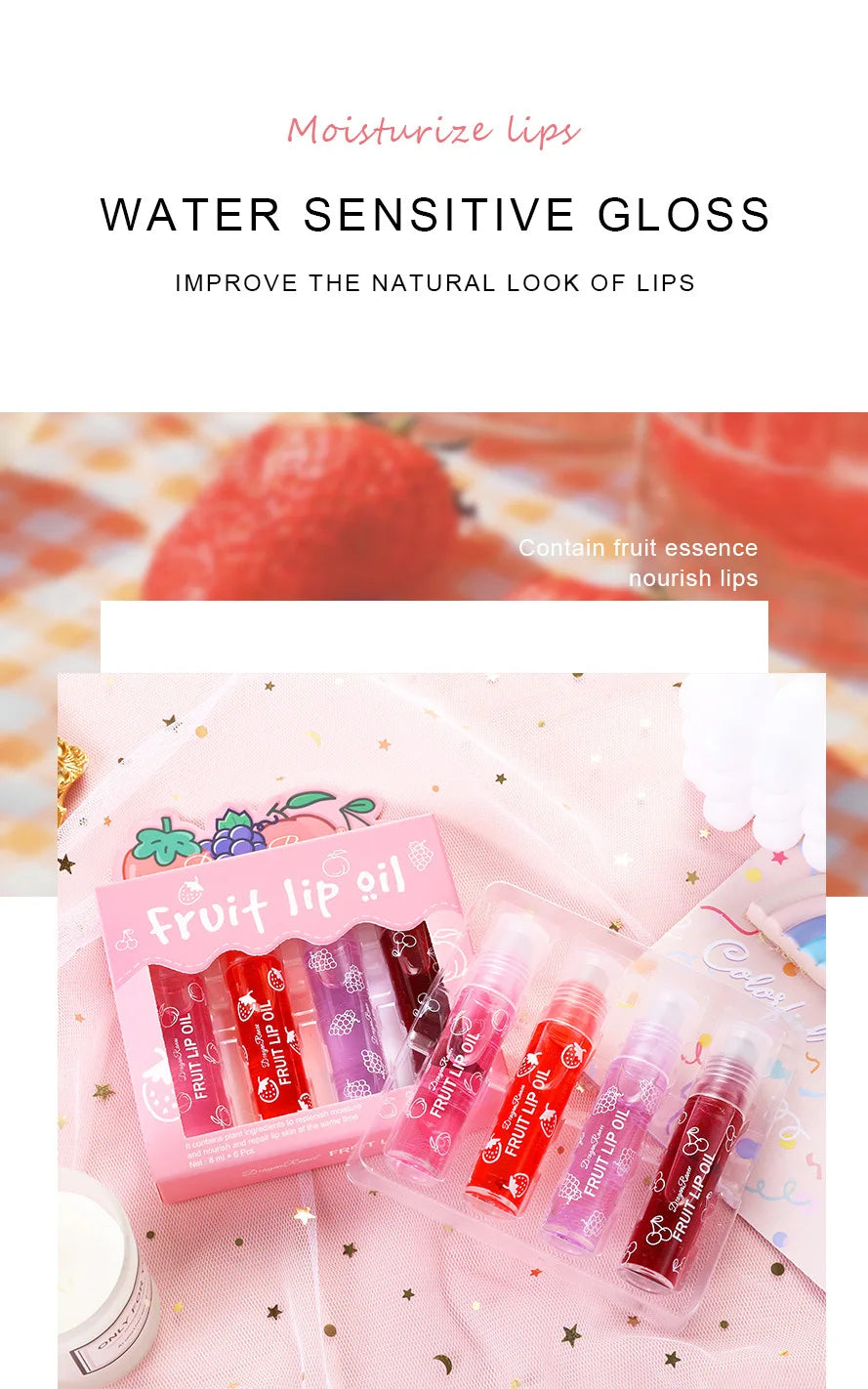 Rolling Bead Lip Oil Set of Four Moisturizing Lotion, Hydrating Roller Ball Mouth Oil, Anti-Drying, Colorless and Transparent