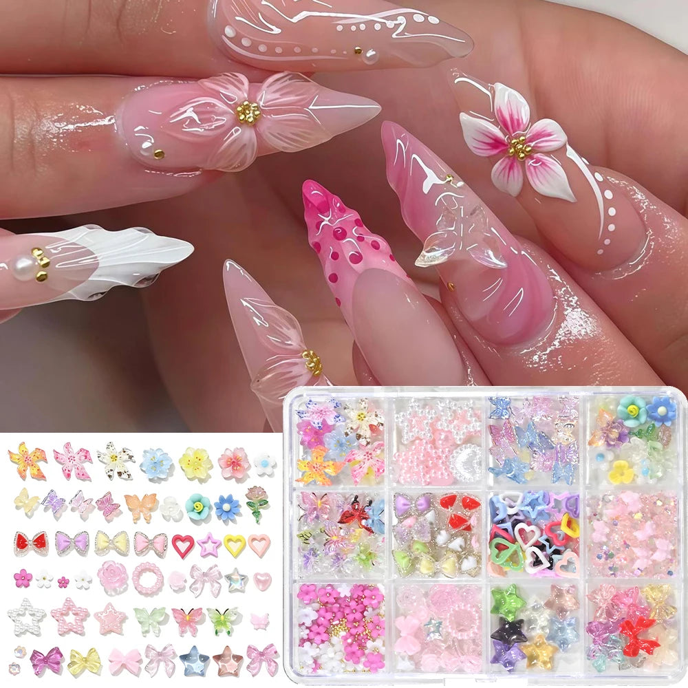 72Pcs 3D Crystal Jelly Soft Spotted Flower Nail Charms Transparent Leopard Lily Hibiscus Hawaiian Floral Nail Decor Nail Supplie