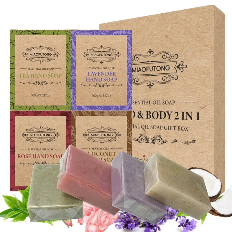 4pcs Plant Matte Pellet Soap Coconut Oil Lavender Rose Essential Oil Wash Face Wash Hand Soap Set Box Holiday Gift, Christmas