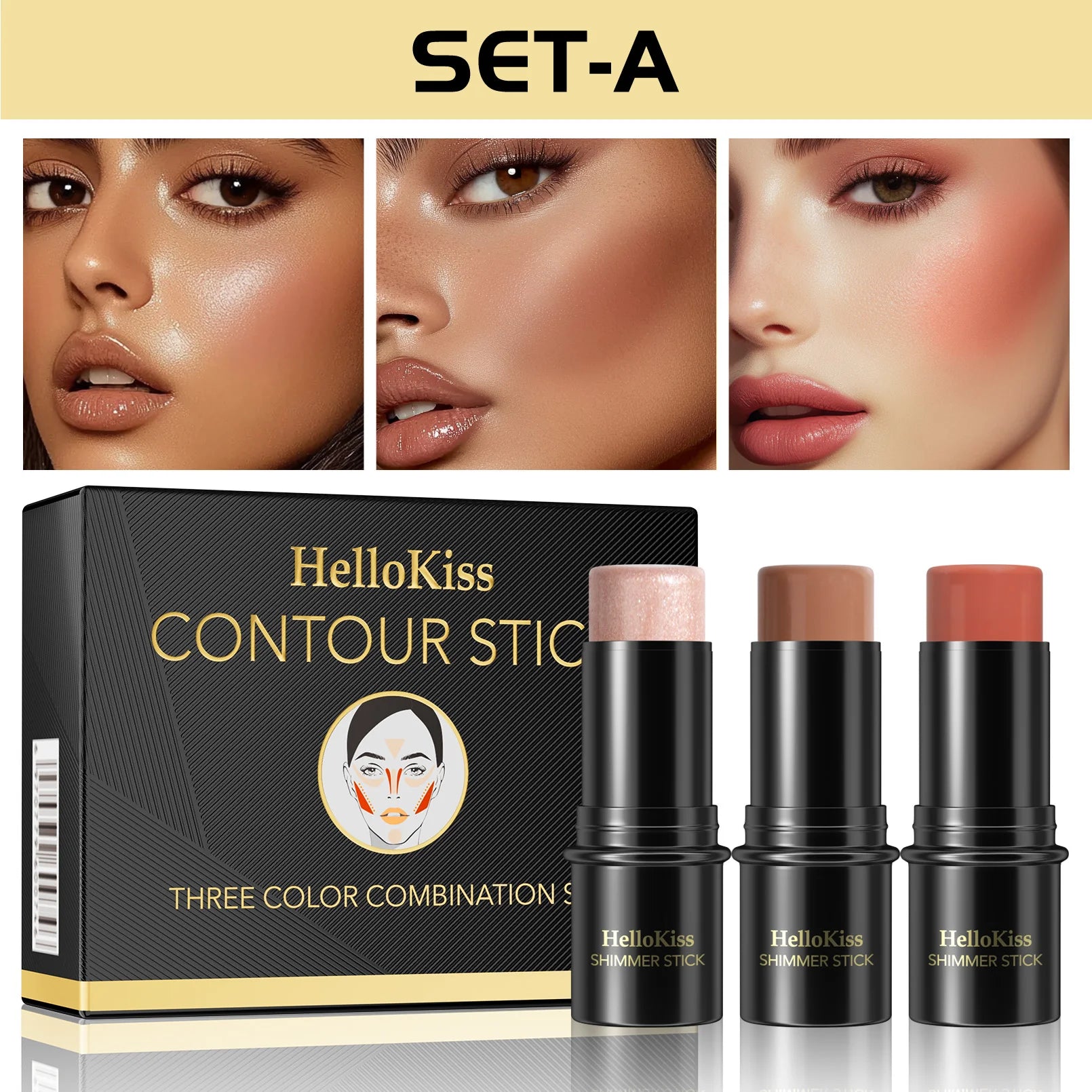 1 Set of 3 Contouring Sticks, Highlighter Stick, Blush Stick, 3-Piece Cream Contouring Set, Create Facial Contours, Non-Greasy