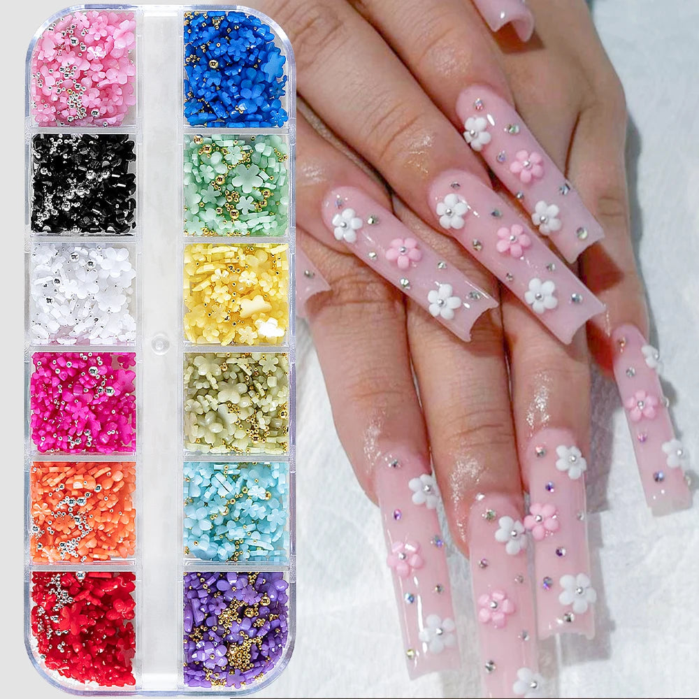 12Grid/Box Mixed Resin Bowknot Nail Charms 3D Colorful Bow Kawaii Rhinestone Nail Art Decorations DIY Manicure Parts Pen Tweezer