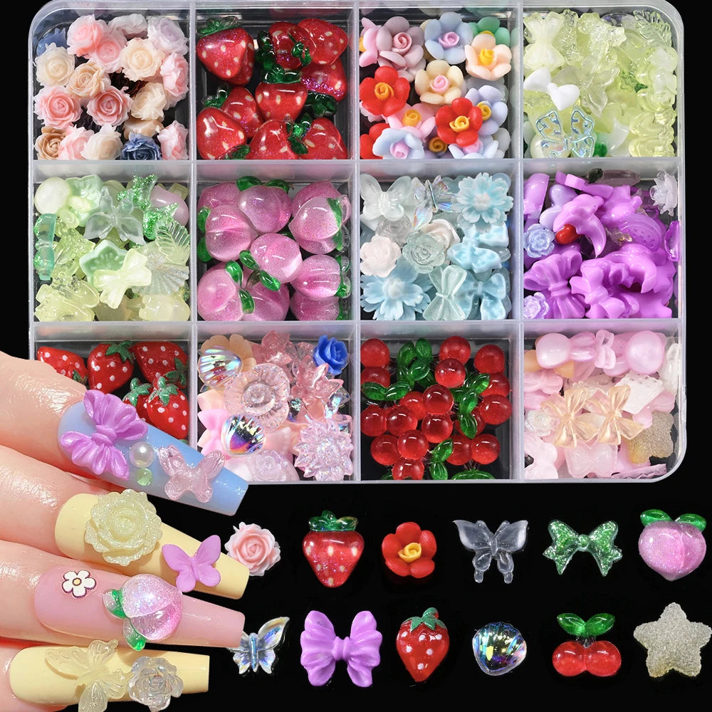 12Grid/Box Mixed Resin Bowknot Nail Charms 3D Colorful Bow Kawaii Rhinestone Nail Art Decorations DIY Manicure Parts Pen Tweezer