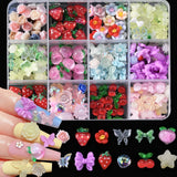 12Grid/Box Mixed Resin Bowknot Nail Charms 3D Colorful Bow Kawaii Rhinestone Nail Art Decorations DIY Manicure Parts Pen Tweezer