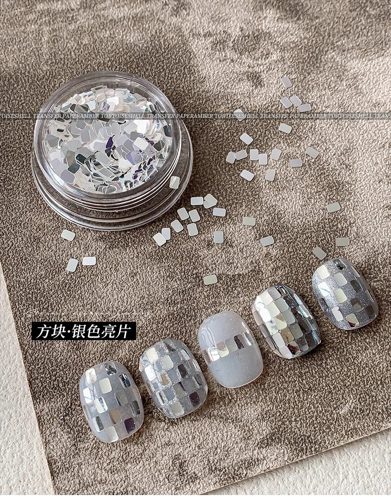Square silver glitter nail accessories boxed, simple and sparkling, light luxury style , nail decorations