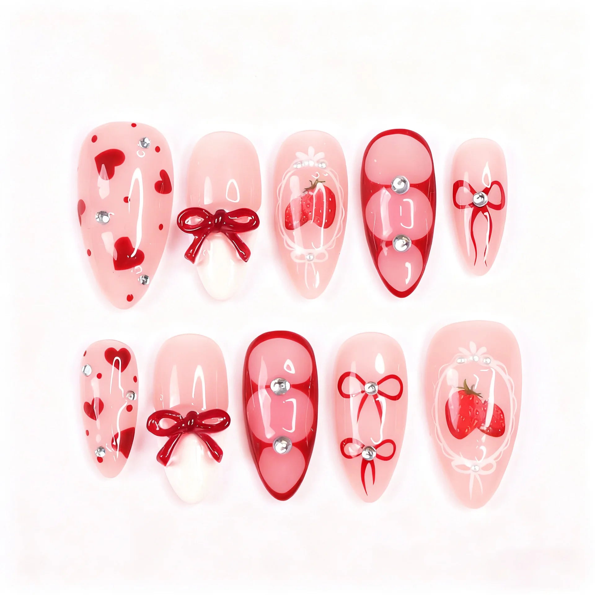 24pcs Wearable Press on Nails Strawberry Bow Design Nails Tips Red Short Almond Pearl Starlight Fake Nail Art Flower False Nails