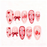 24pcs Wearable Press on Nails Strawberry Bow Design Nails Tips Red Short Almond Pearl Starlight Fake Nail Art Flower False Nails