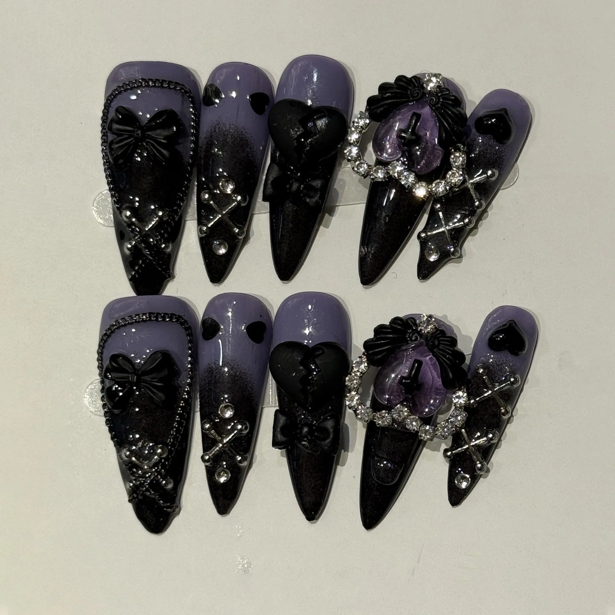 Long Stiletto Press on Fake Nails Blue Heart Diamond Bow Decoration False Nail Y2K Fashion Artificial Nail Handmade Acrylic Nail