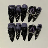 Long Stiletto Press on Fake Nails Blue Heart Diamond Bow Decoration False Nail Y2K Fashion Artificial Nail Handmade Acrylic Nail