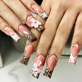 24Pcs Long Square Press on Nails Leopard Print French 3D Cherry Design False Nail Rhinestone Wearable Full Cover Fake Nails Tips