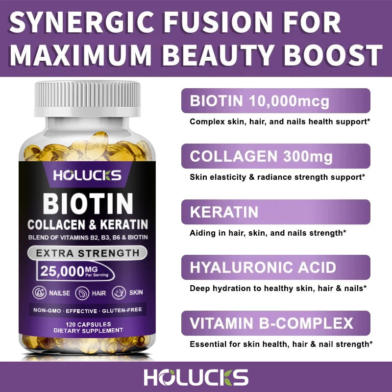 Biotin+Collagen+Keratin Capsules, Hydration, Promotes Hair Growth, Strengthens Weak Nails, Joints & Bones, Anti-Aging, Whitening