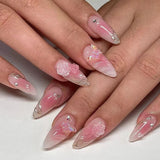 24PCS Pink Almond Press on Nails Full Cover Carved Flower 3D Ripples French Fake Nails for Women with Golden Pearl Wearable Nail