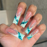 24Pcs Long Square Press on Nails Leopard Print French 3D Cherry Design False Nail Rhinestone Wearable Full Cover Fake Nails Tips
