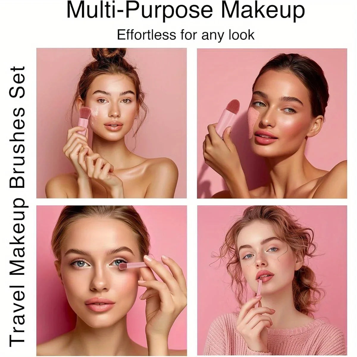 1 Set Chic Pink Makeup Brush Set - Mirror Compact, 5pcs Soft Bristles Versatile for Blush Eye Foundation
