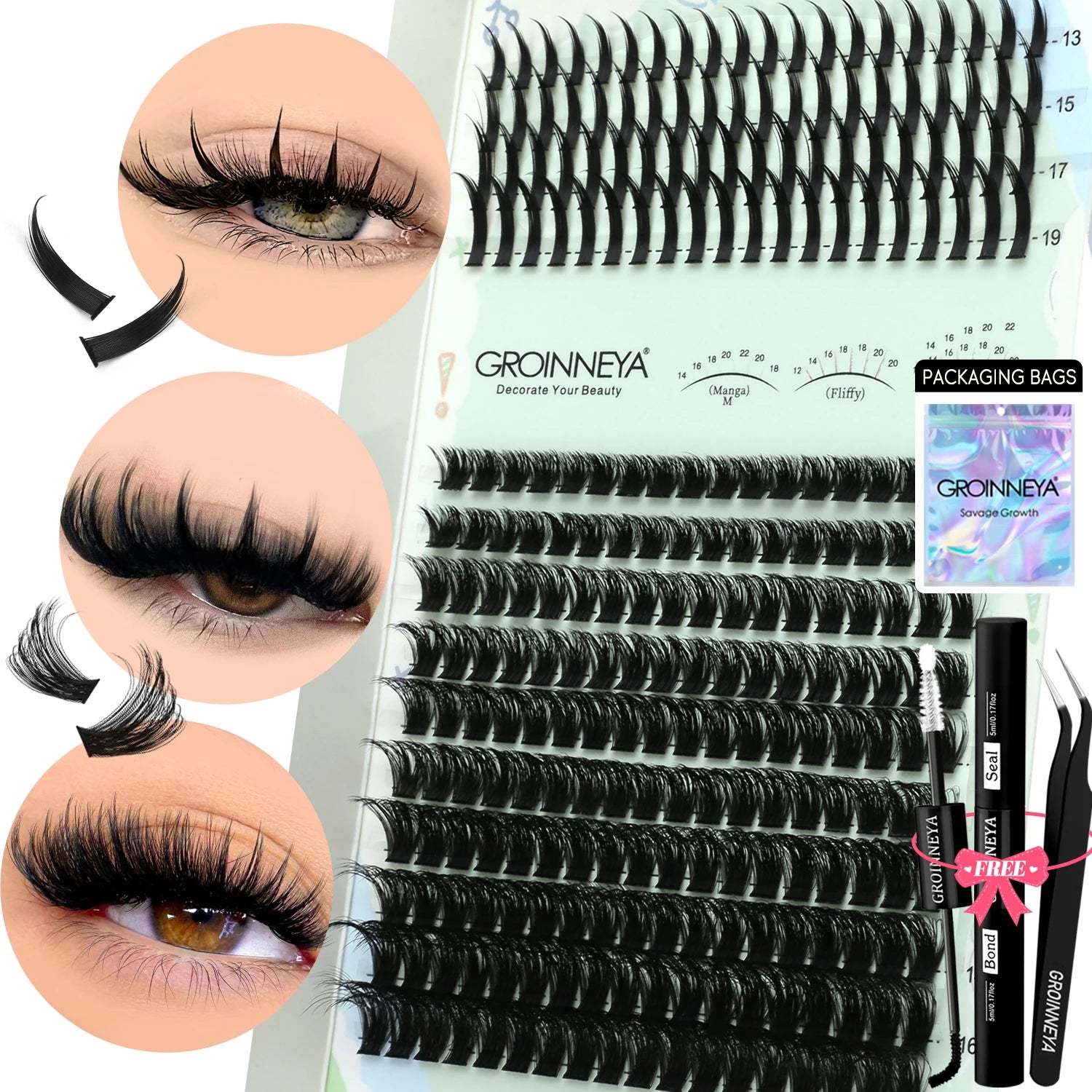 GROINNEYA Lash Clusters Kit Spikes Lash Individuals Eyelash Clusters D-Curly Lash Clusters Kit with Bond and Seal Makeup