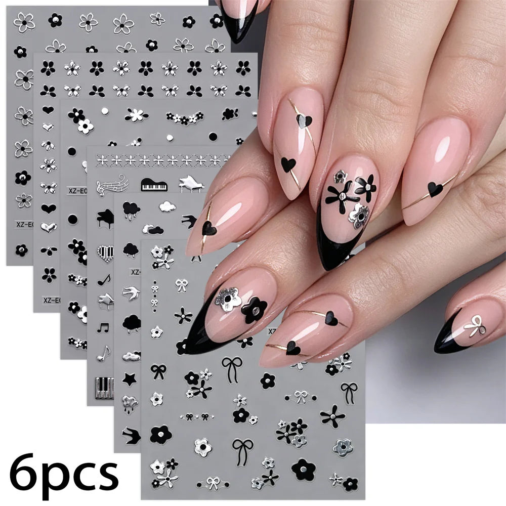 6Pcs 3D Hollow Flower Nail Stickers Black Silver Metallic Piano Key Musical Note Bowknot Adhesive Decals For Nail Art Making