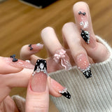 10Pcs Sweet Mid-length Ballet False Nails Art Fashion Pink Cat Eye Lovely Bow Wearable Finished Nails Set Summer Acrylic Nails