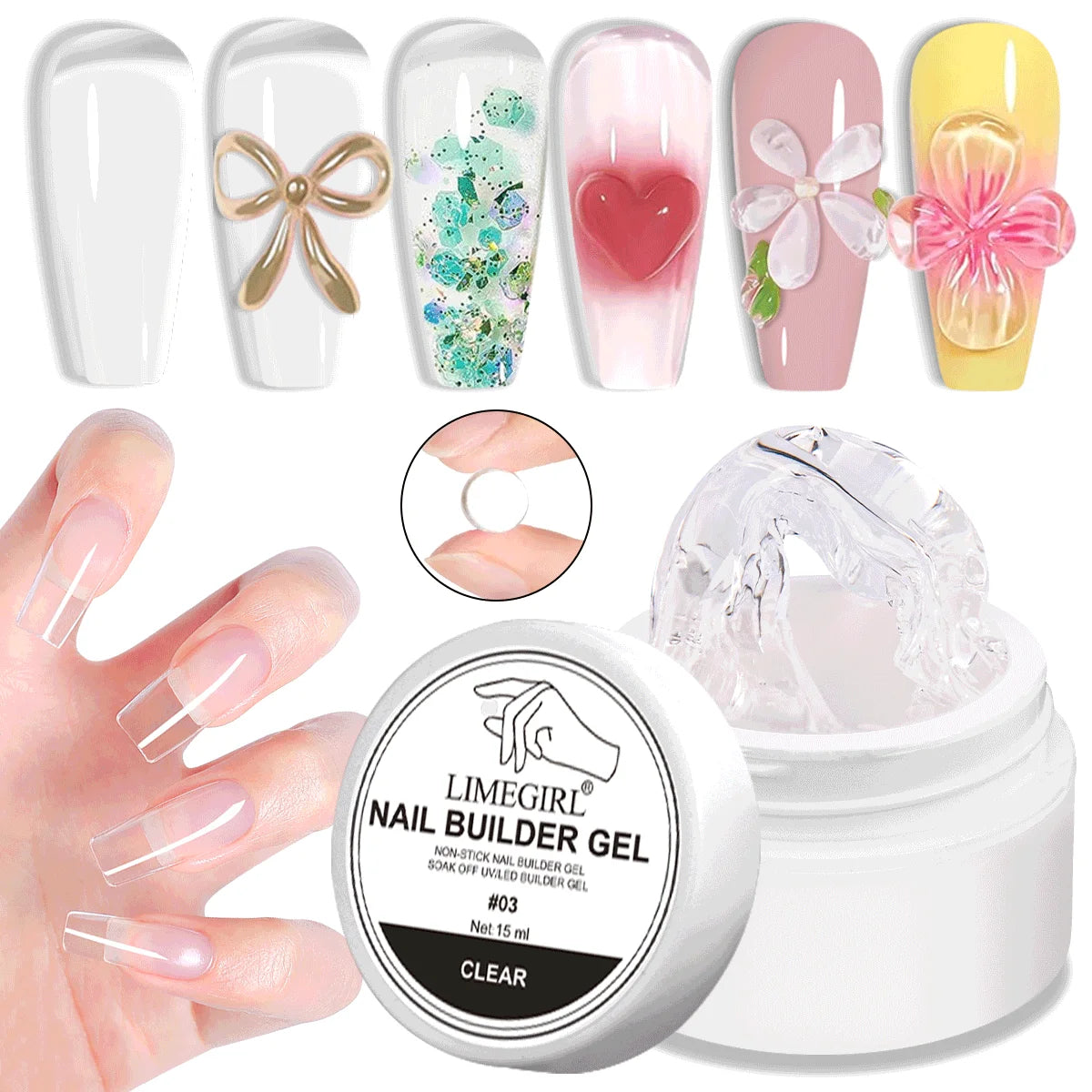 LIMEGIRL 15g Solid Nail Extension Gel Non Stick Hand Phototherapy UV Gel Quick Building Gel Nails Tips Nail Art Prolong Nail Gel
