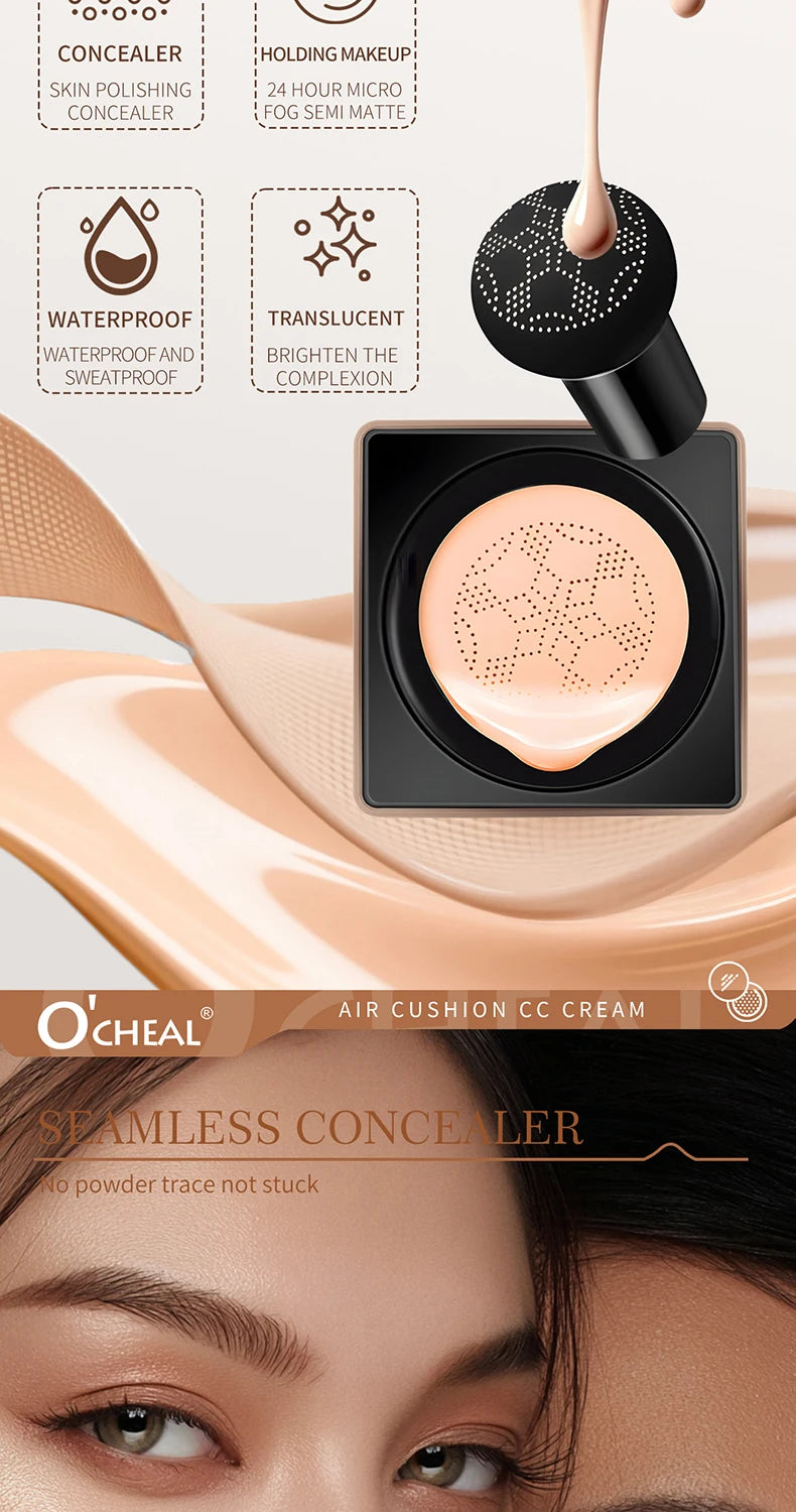 O'CHEAL Mushroom Cushion CC Cream Face Airy Coverage Long-lasting Moisturizing Waterproof Oil Control Concealer BB Cream Makeup