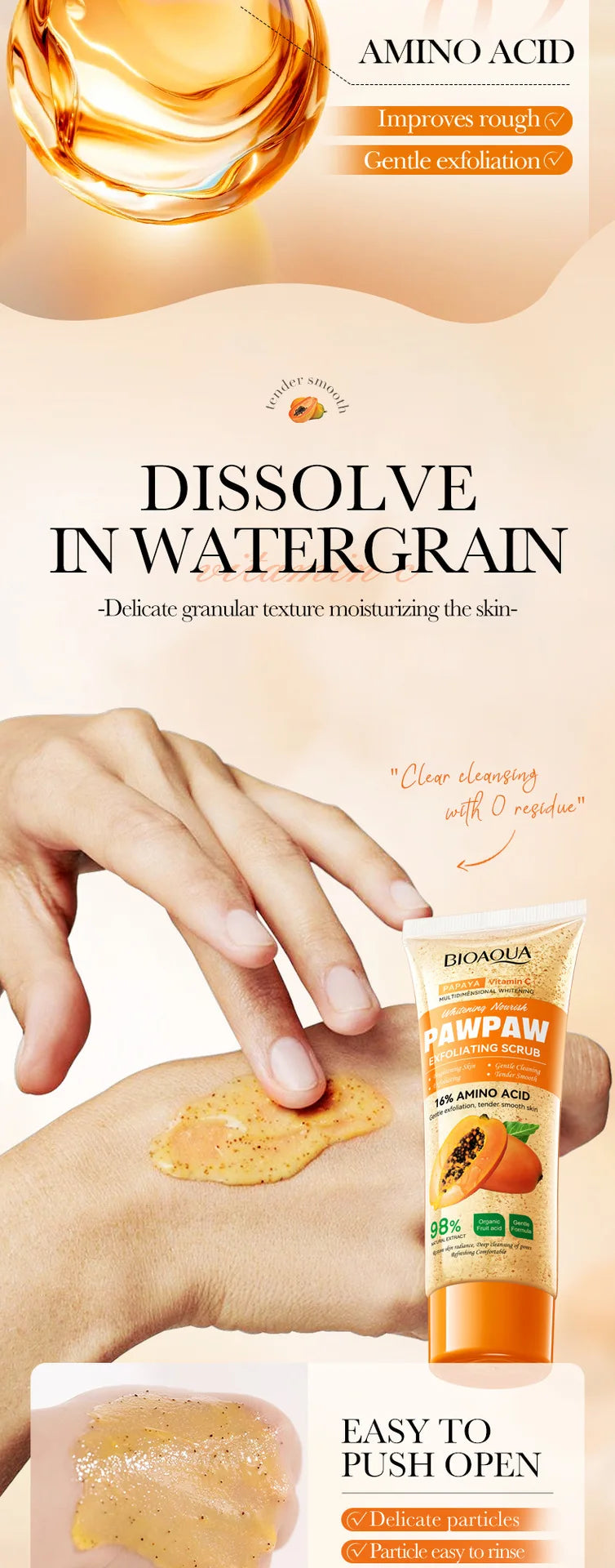 100g Papaya Vitamin C Exfoliating Scrub Cream, Hypoallergenic, Moisturizing, Exfoliation, Scented with Papaya, Deep Cleansing