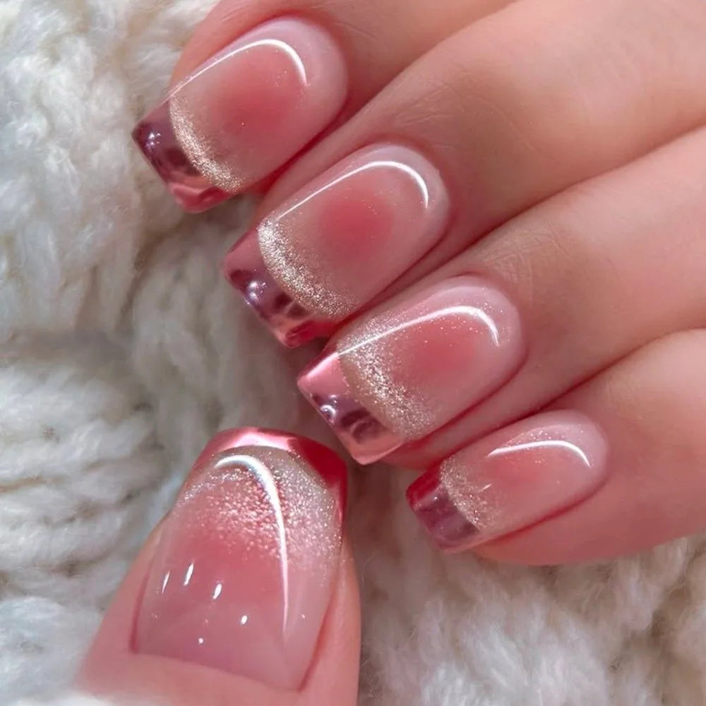 24Pcs Medium Short Square False Nails Glittering Nail Art White Wearable Fake Nail Silver French Full Cover Press on Nail Tips