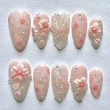 24Pcs Mid-length Gilded Almond Nails Set Press on 3D Flower Gradient Pink Full Cover False Nails Tips Pearl Reusable Fake Nails