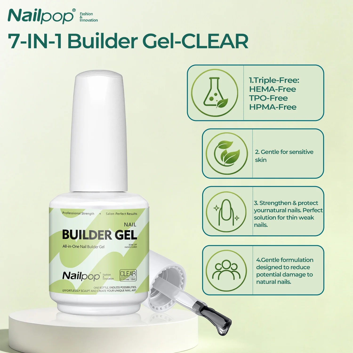 Nailpop 7 IN 1 Nail Glue Gel 15ml Gellack UV Nails Builder Gel Apex & Extension Soak off Base Gel Top Coat  HEMA FREE