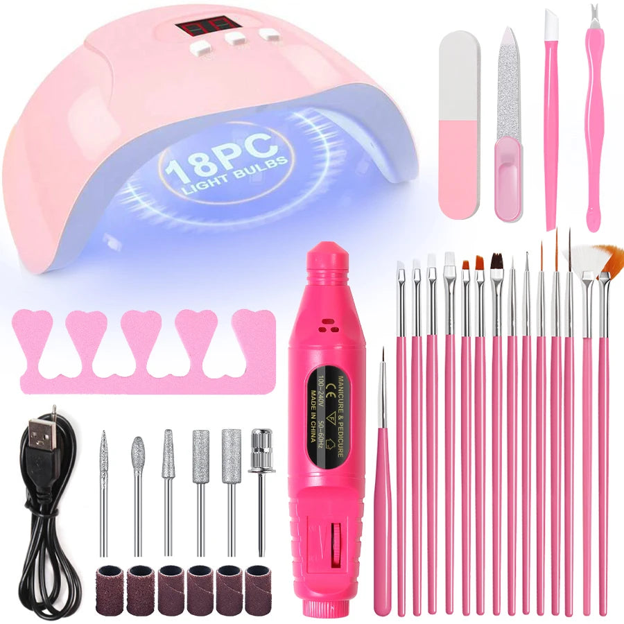 Professional Nail Art Kit with 54W UV Lamp Glue Dryer Polisher Dead Skin Remover Finger Separator Manicure Pedicure Home Use