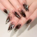24PCS Long Press On NailsStiletto Black Silver Bowknot Dissymmetry Fake Nails Powder Full Cover Fake Nail Set Nails Art