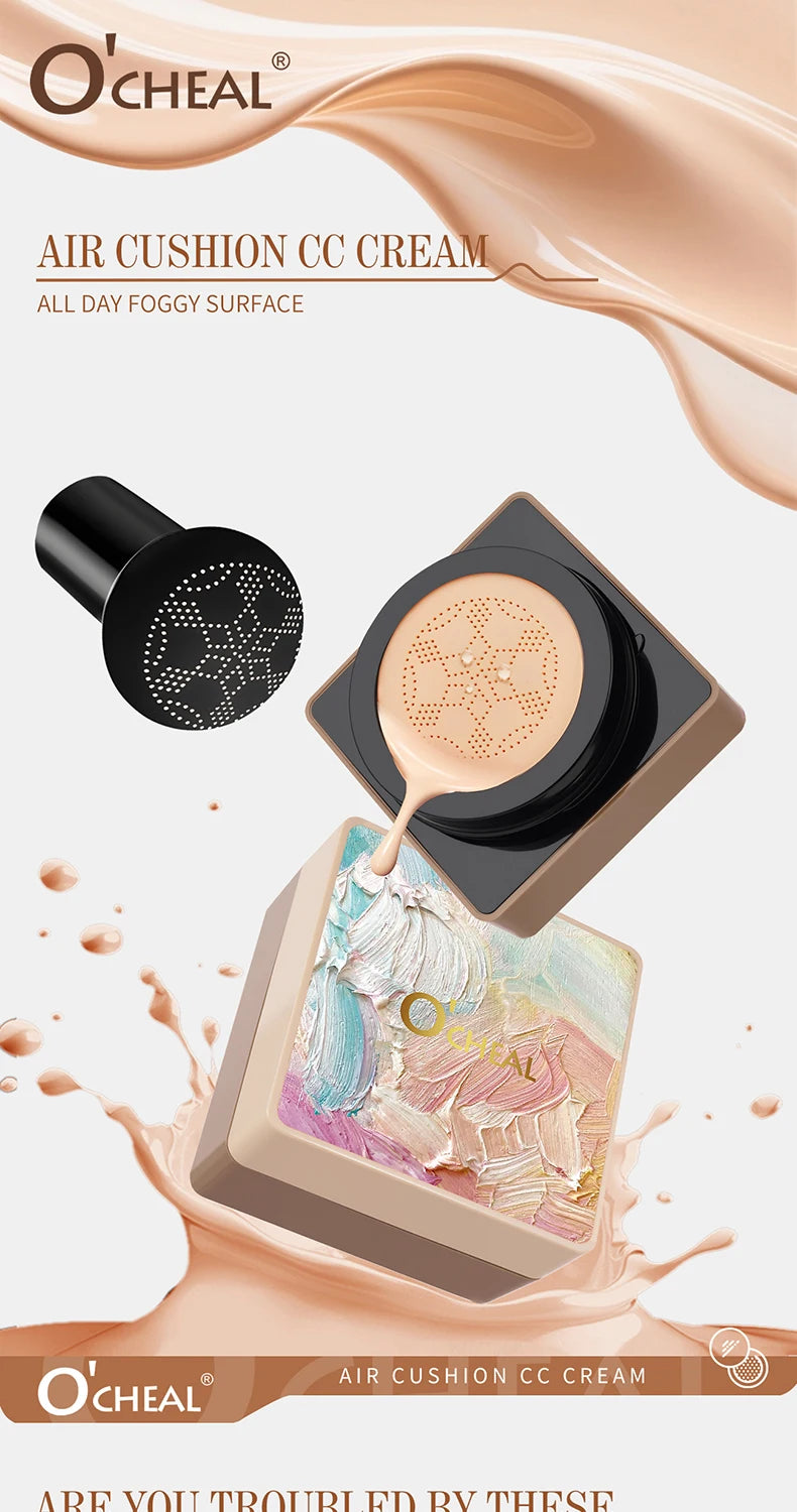 O'CHEAL Mushroom Cushion CC Cream Face Airy Coverage Long-lasting Moisturizing Waterproof Oil Control Concealer BB Cream Makeup