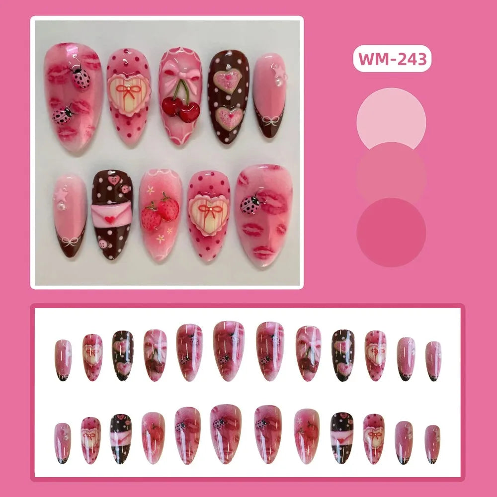 24Pcs Blue Almond Press on Nails with 3D Pearl Design Mid-length Oval False Nails Tips Bow Pattern Wearable Fake Nail for Women