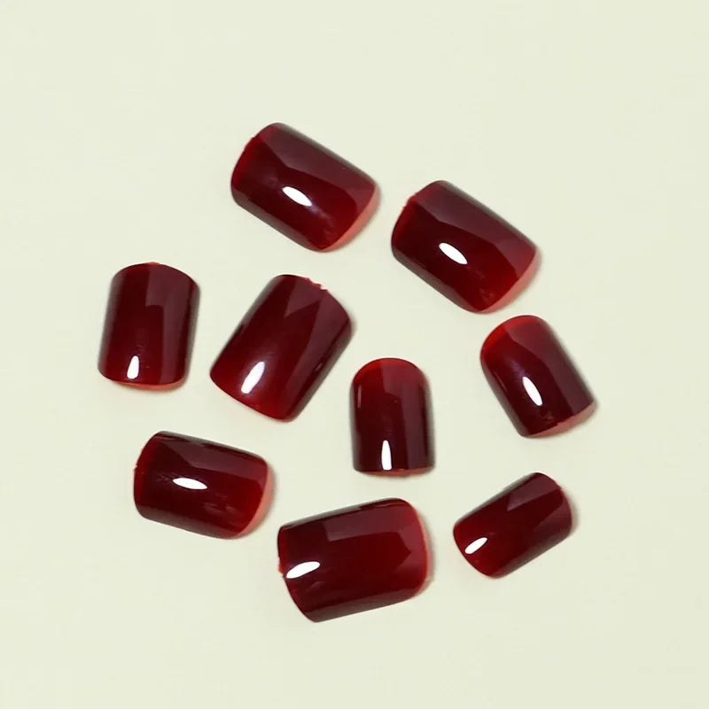 24Pcs Solid Color Wine Red Design Fake Nail Short Square Press on False Nails Simple Detachable Finished Full Cover Nail Tips