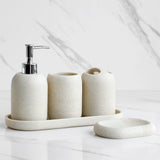 5Pcs athroom Accessories set  Lotion Dispenser Toothbrush Holder Tray Tumbler Cup Soap Dish Beige and Grey