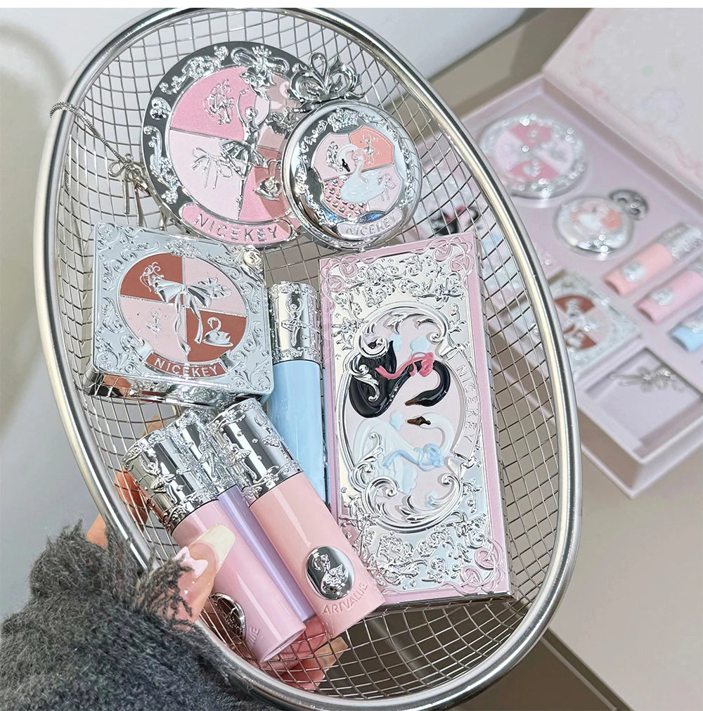 NICEKEY Pink Ballet Makeup Sets Include 4 Lip Mud,1 Blush,1 Pressed Powder,1 Eyes Palette,1 Contour Palette With Necklace Gift