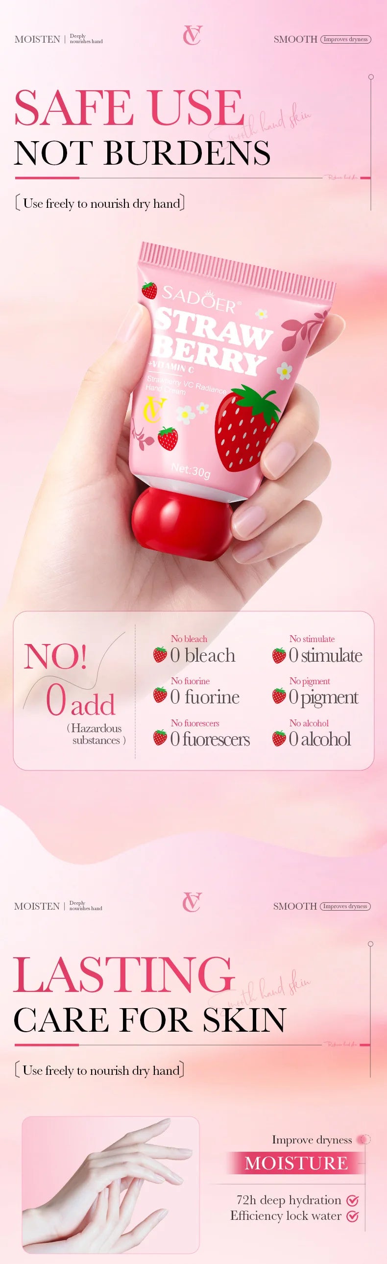 Strawberry VC Hand Cream - 30g Brightening Moisturizer for Winter, Repairs Dry Cracked Skin, Lightweight Fast Absorbing Formula