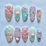 24Pcs Mid-length Gilded Almond Nails Set Press on 3D Flower Gradient Pink Full Cover False Nails Tips Pearl Reusable Fake Nails