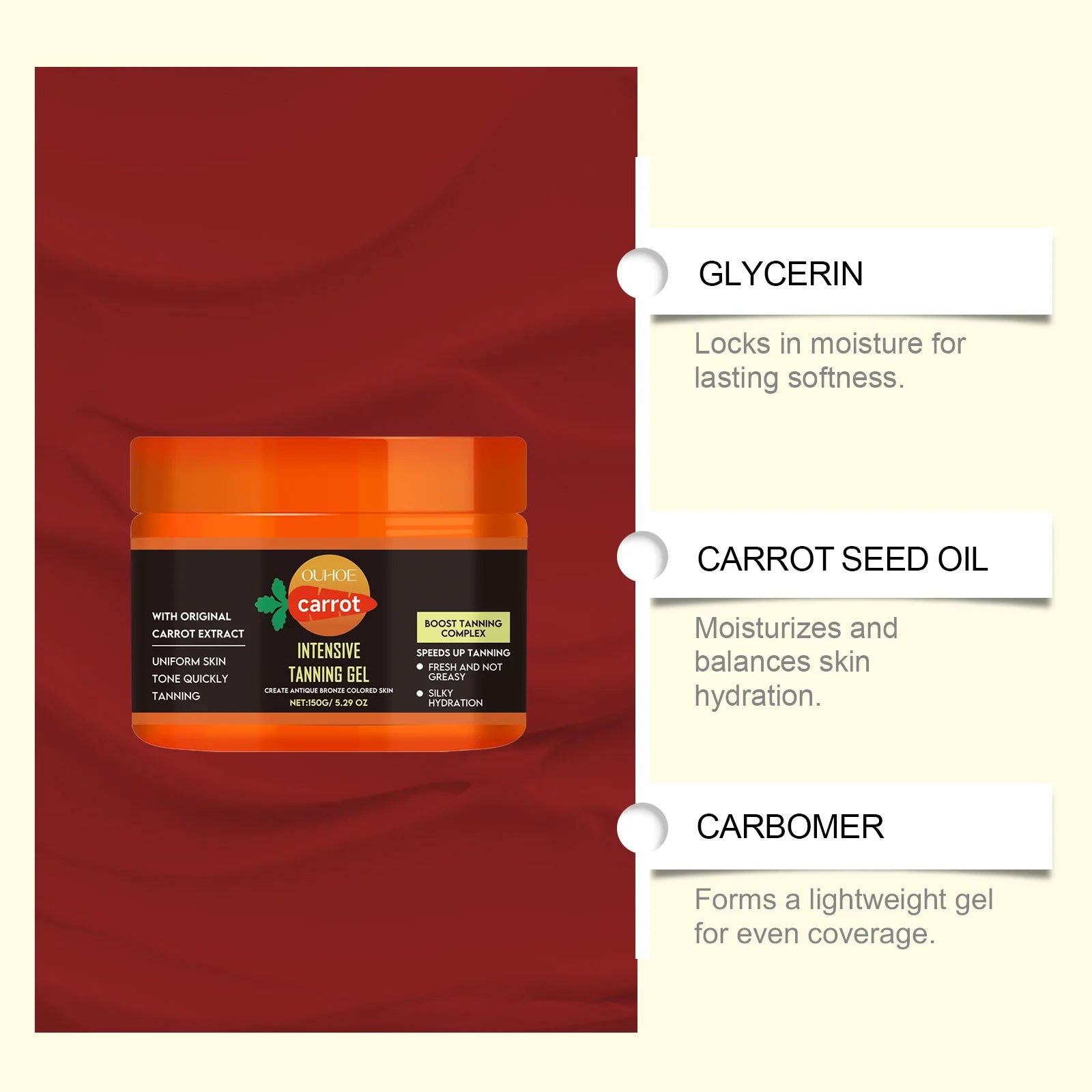 Carrot Tanning Gel Hydrating Lightweight Fast Absorbing Bronzing Gel Moisturizing Natural Sunless Tan Enhancer for Face & Body