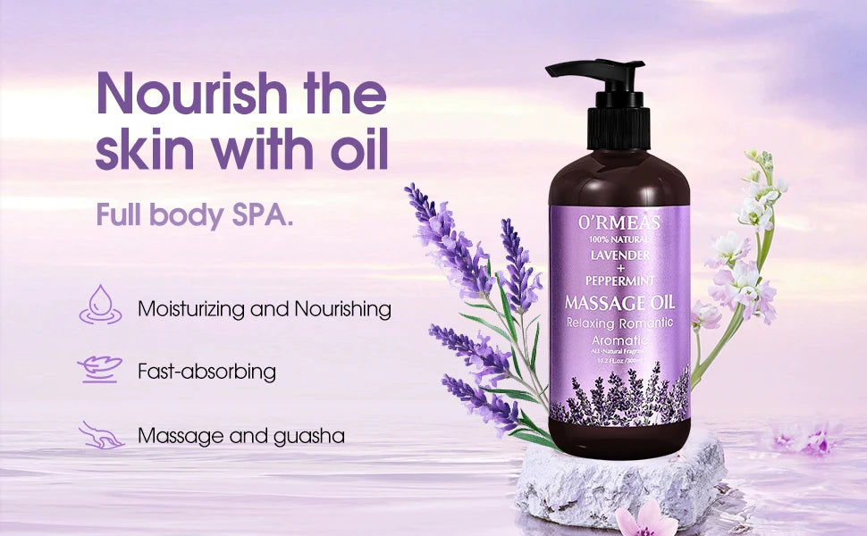 Lavender & Peppermint Infused Massage Body Oil - Warming & Moisturizing Formula for Men & Women, 10.2 Fl.Oz