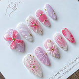 24Pcs Mid-length Gilded Almond Nails Set Press on 3D Flower Gradient Pink Full Cover False Nails Tips Pearl Reusable Fake Nails