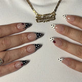 24PCS Medium Almond Press On Nails Wine Red Cute Cartoon Rabbit Bowknot Plaid Pearl False Nails Kawaii Nails Full Cover Wearable